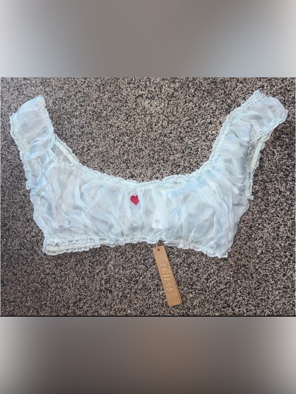 SKIMS Light Blue Sheer Ruffled Bralette with Red Heart size large